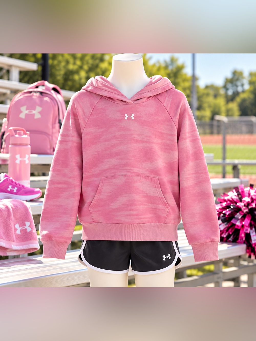 Under Armour Girls Youth Large Pink Marbled Logo Pullover Hoodie